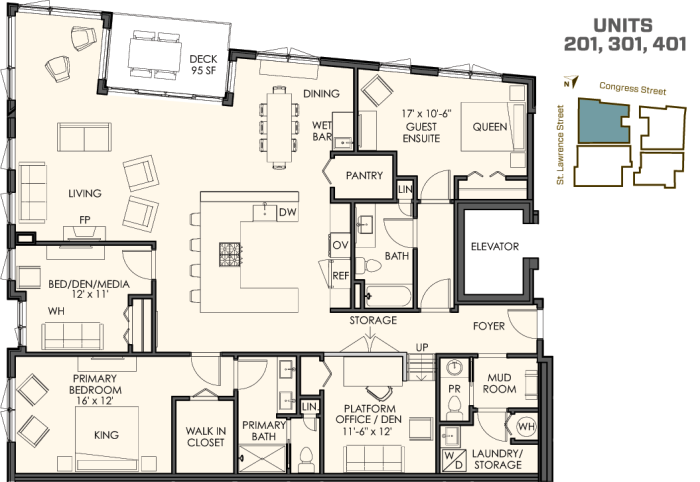 3 bedrooms plus a den 2 1/2 bathrooms 2,200 sq. ft. plus a spacious deck The 01 residences start at $900.