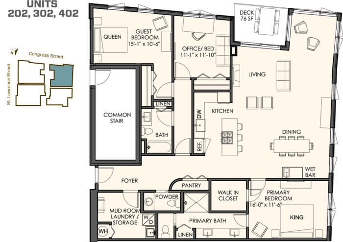 3 bedrooms (also serve as a den, office or media room) 2 1/2 bathrooms 1,900 sq. ft. plus a spacious deck The 02 residences start at $750.