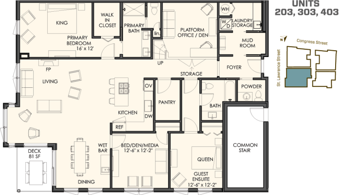3 bedrooms plus a den 2 1/2 bathrooms 2,050 sq. ft. plus a spacious deck The 03 residences start at  $810. 