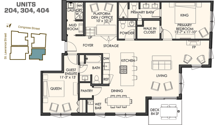 2 bedrooms plus a den. 2 1/2 bathrooms. 1,550 sq. ft. plus  a spacious deck. The 04 residences start at $725.